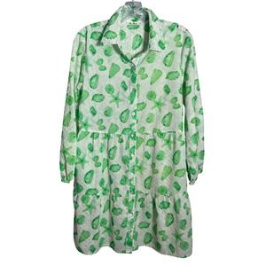 Be Boho Seashell Print Tiered Shirtdress Womens Med Pockets Green Coastal Beachy